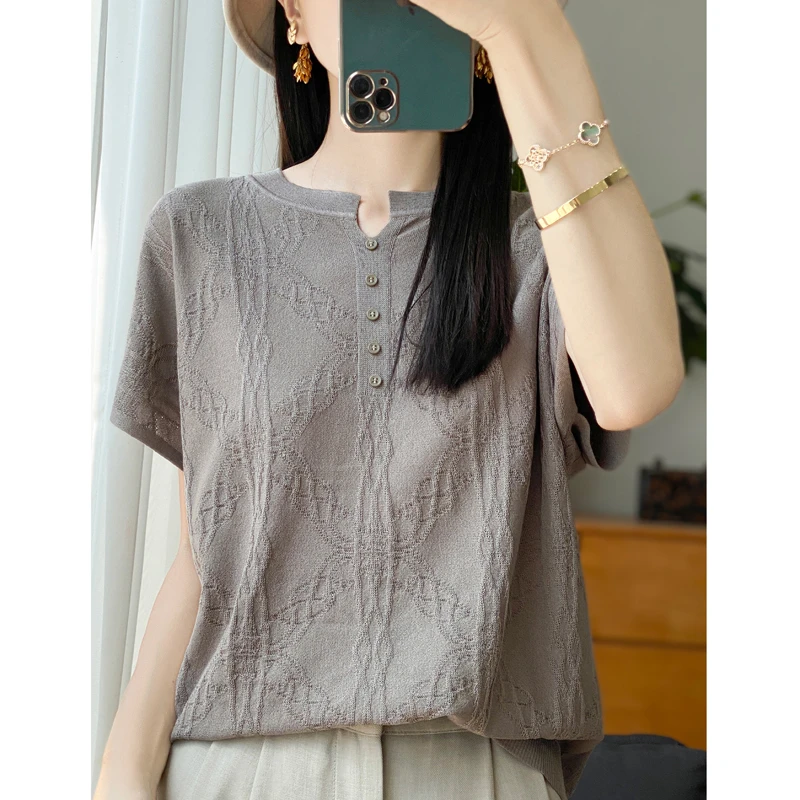 【夏季新款女士圆领】V领短袖针织衫T恤衫打底纯色休闲显瘦百搭时尚