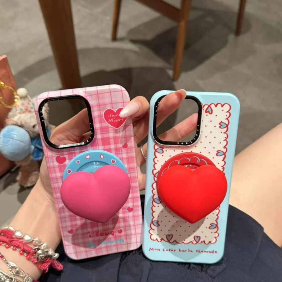 ins少女心爱心粉格纹适用于苹果16promax手机壳15保护套1413磁吸