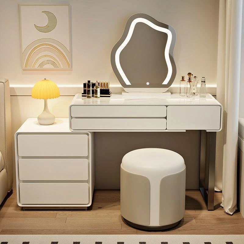 奶油风岩板实木卧室梳妆台床头柜一体网红伸缩化妆桌2025现代简约