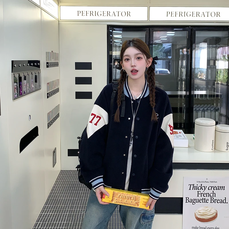 ANDEARDI春季学院风潮牌宽松字母刺绣棒球衣外套女
