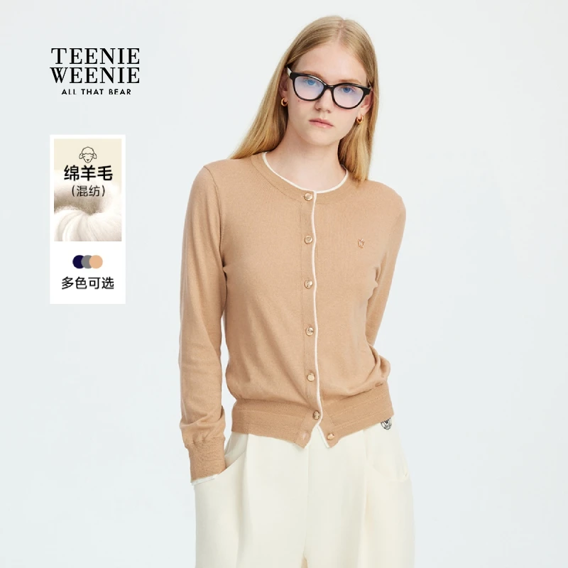 TeenieWeenie小熊女装毛针织衫25秋新款气质拼接开衫TTCK257805W