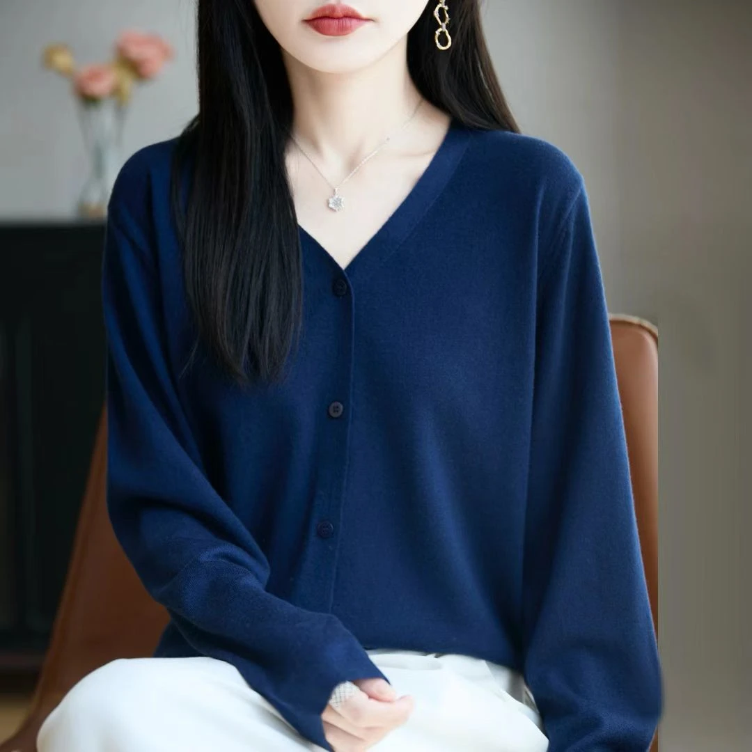 早秋V领薄款开衫小外搭圆领正肩袖女针织衫新款女装禅意仙气飘飘