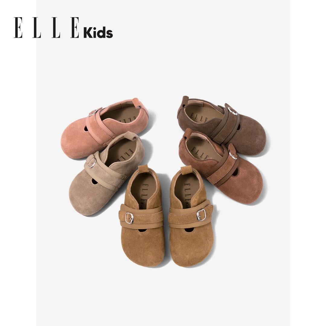 ELLEkids童鞋 磨砂皮时尚平底单鞋女童2025新款百搭魔术贴乐福鞋
