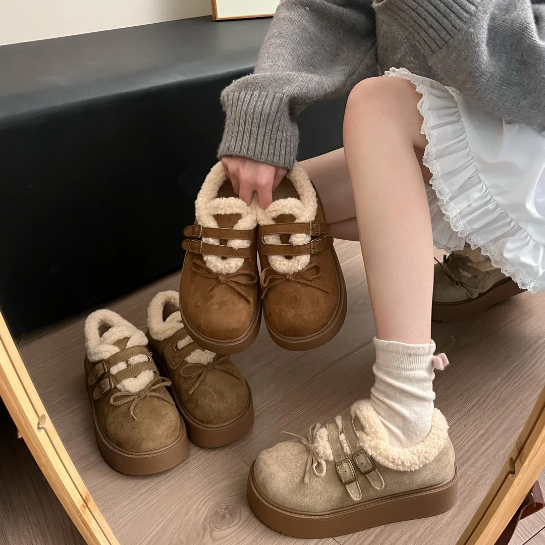 厚底棉鞋女款韩版保暖休闲蝴蝶结2025冬季新款百搭增高外穿勃肯鞋