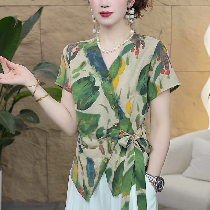 【歌莱图】2025夏季新款时尚印花收腰显瘦气质短袖T恤上衣#8118