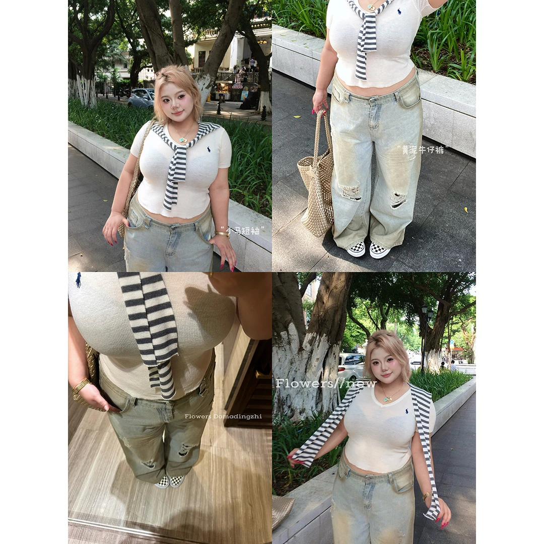 全球花【轻氧少女】大码高腰做旧宽松破洞牛仔裤V领针织短袖T恤上衣