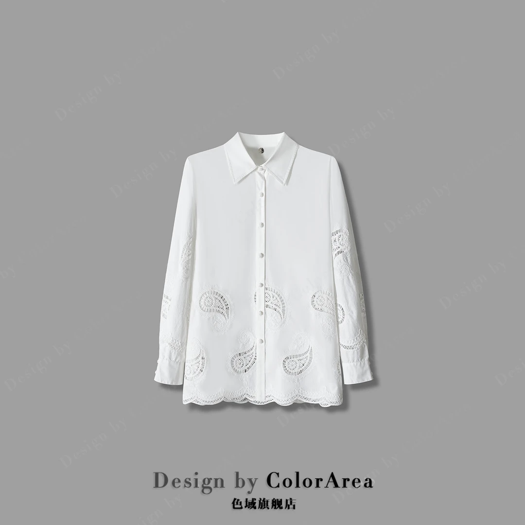 ColorArea/色域春装新款重工腰果花定位刺绣百搭长袖白色绣花衬衫