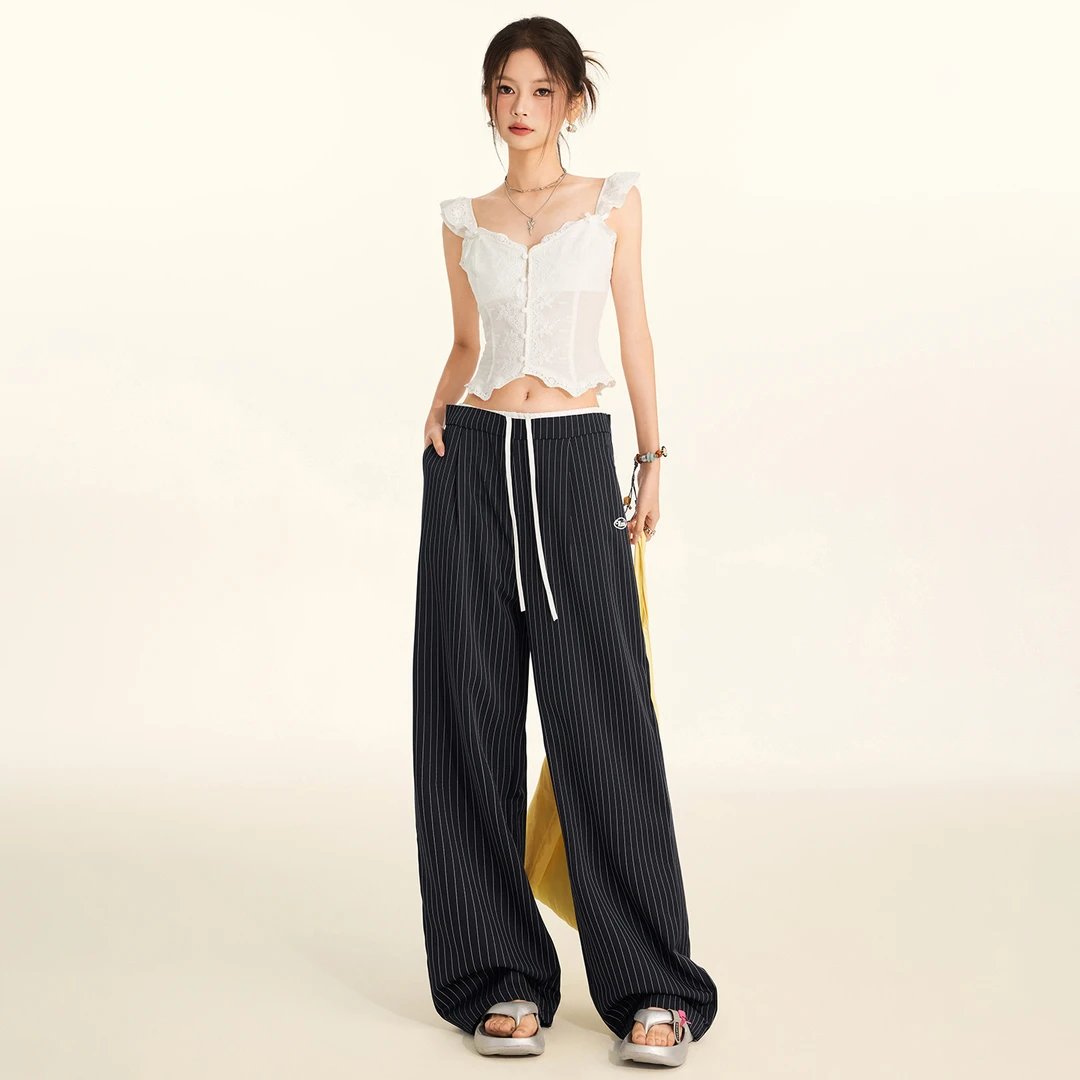 卡扎琳秋冬新款条纹抽绳松紧腰花边设计通勤百搭宽松阔腿休闲裤女