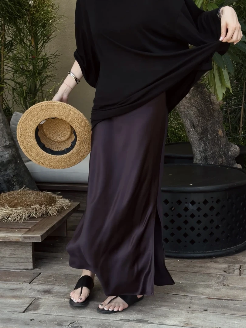 【DYMMXYMM】-丁香雾.夏款极简风亮感显瘦松紧腰醋酸半裙-5SSP8685