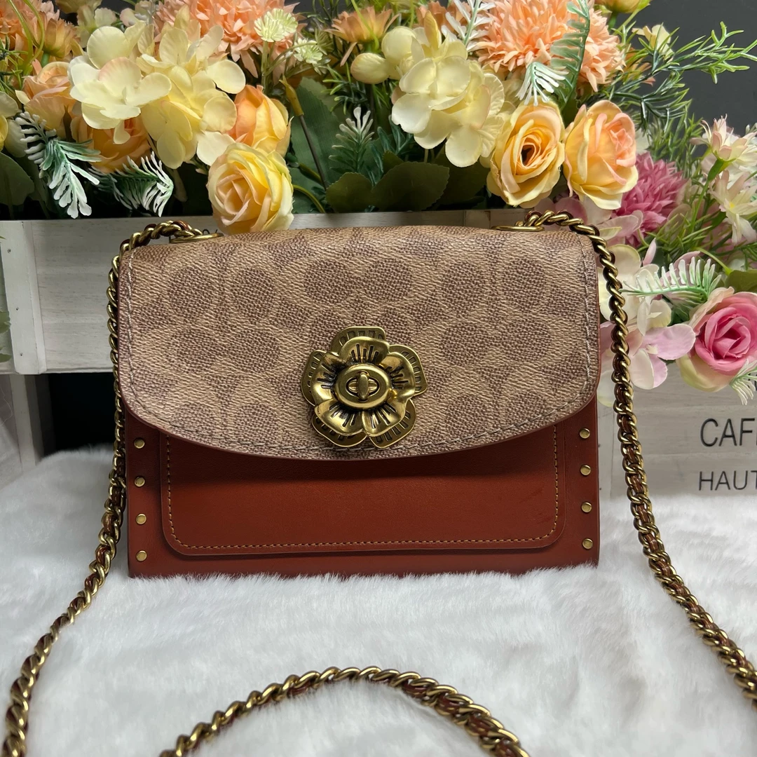 99新 COACH/蔻驰 山茶花棕色小号链条包 80585