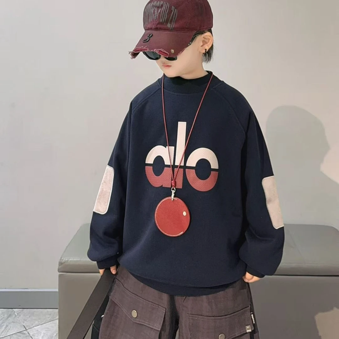 【加——绒】儿童圆领秋冬洋气中大童韩版男女童百搭宽松高领卫衣帅气