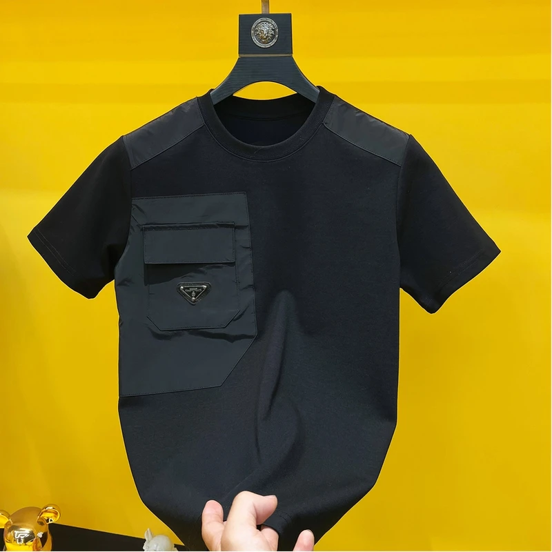 8813#早春新款短袖加厚重磅男士圆领休闲时尚百搭黑色