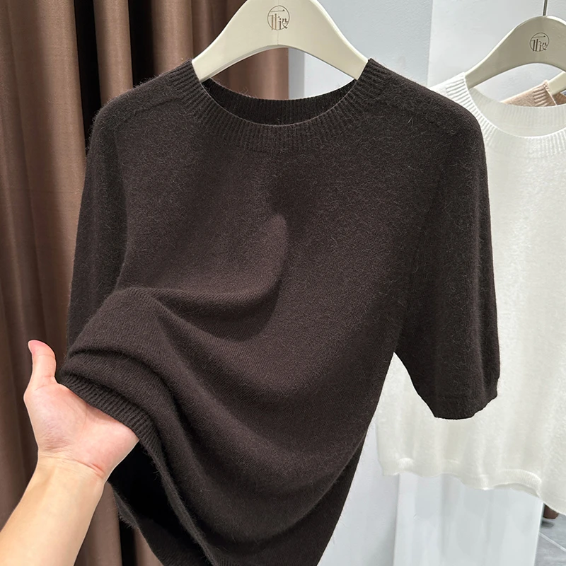 咖色无缝一体圆领针织衫女秋冬新款宽松套头纯色毛衣内搭打底上衣