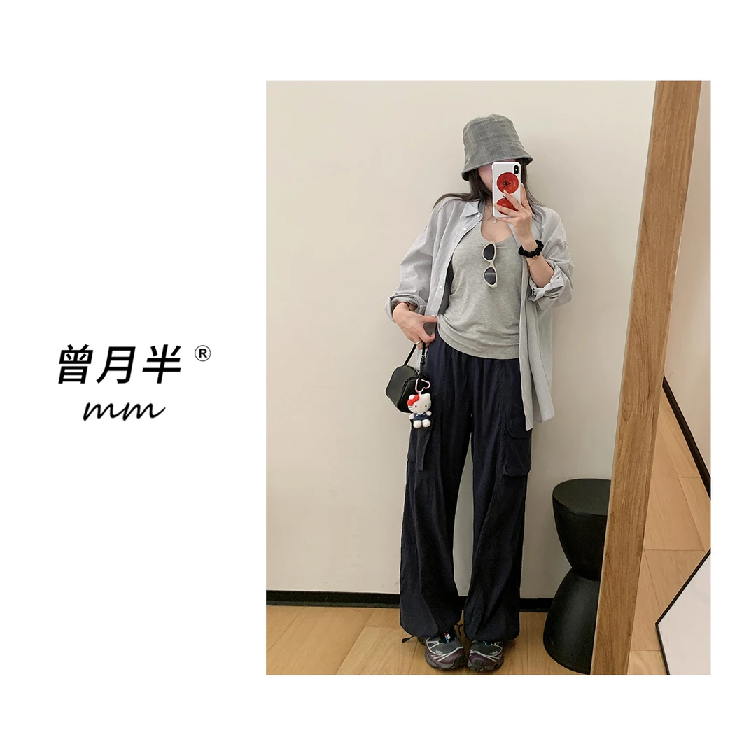 曾月半《海冰蓝条纹》度假休闲细纹宽松翻领防晒衬衣！ZS1173