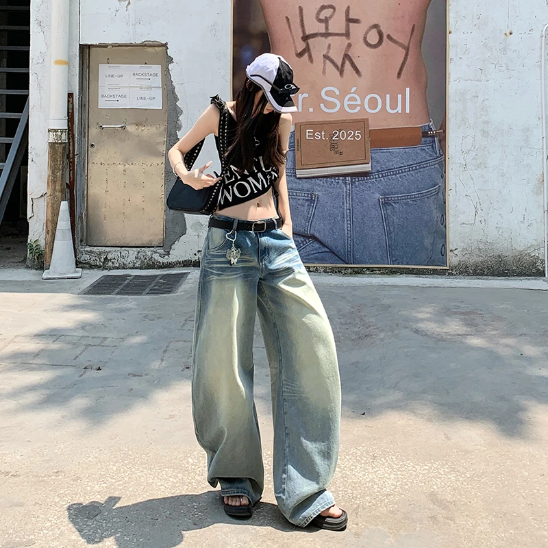 2025秋装浅色水洗立体猫须低腰直筒牛仔裤宽松阔腿长裤