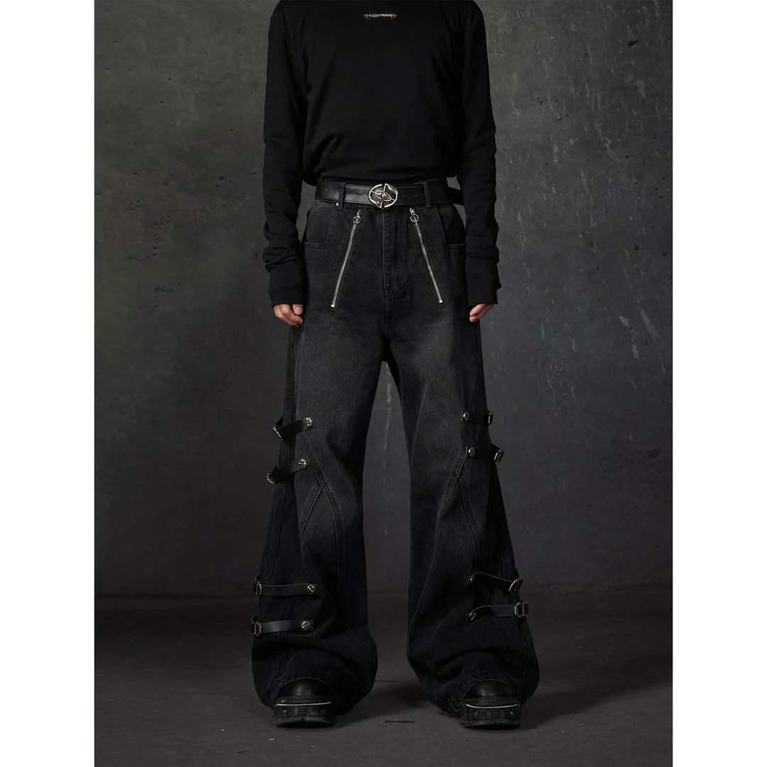 无人孤岛 高街个性加长拖地宽松喇叭牛仔裤皮带拼接先锋设计长裤