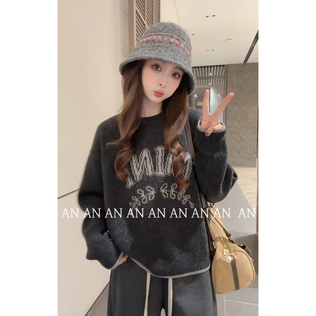 C10404美式洋气酷潮宽松针织衫慵懒风拼色边圆领字母毛衣