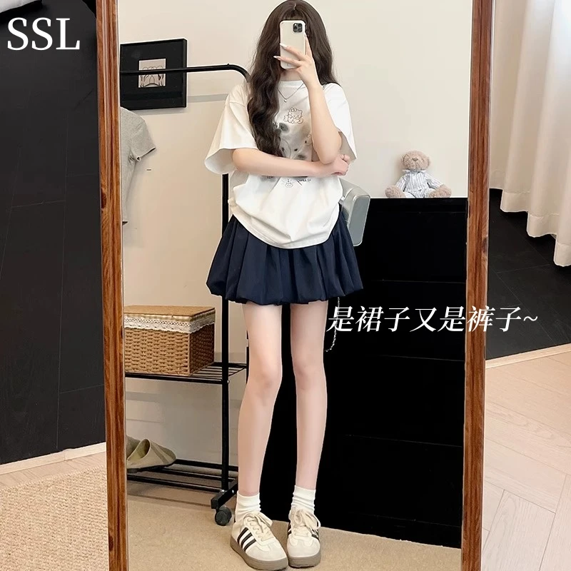 藏青色花苞裙裤女夏季新款高腰显瘦防走光半身裙休闲百搭蓬蓬短裙