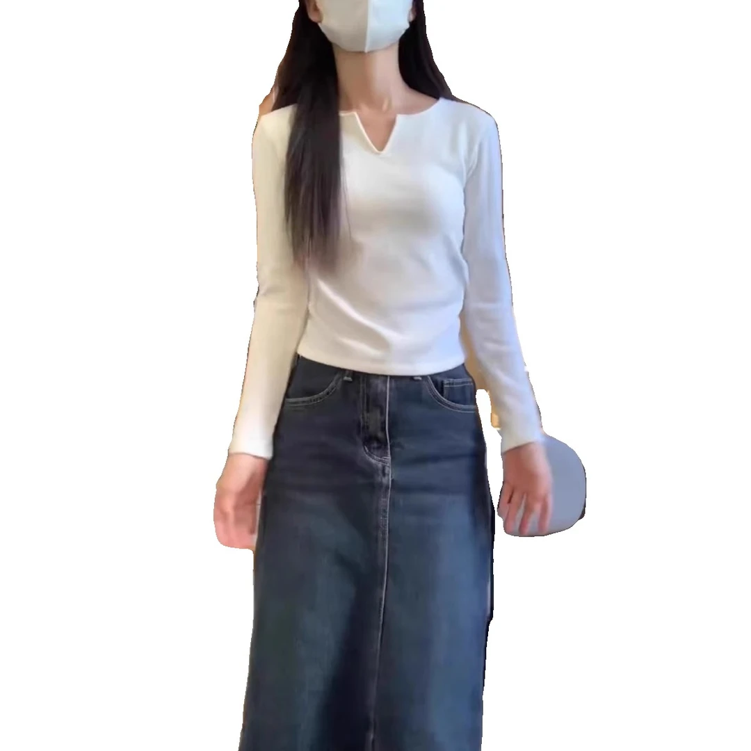 哥弟阿玛施正品自带胸垫V领打底衫夏季春秋白色内搭女短款上衣202