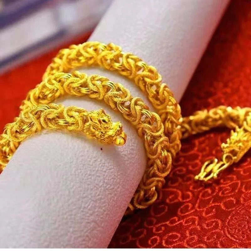 A022项链男久不掉色龙骨链纯沙金双龙头项链霸气粗大实心链子