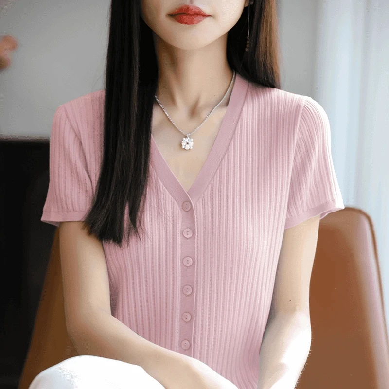 2025夏季V领新款针织短袖开衫女镂空纯色薄款气质休闲显瘦上衣