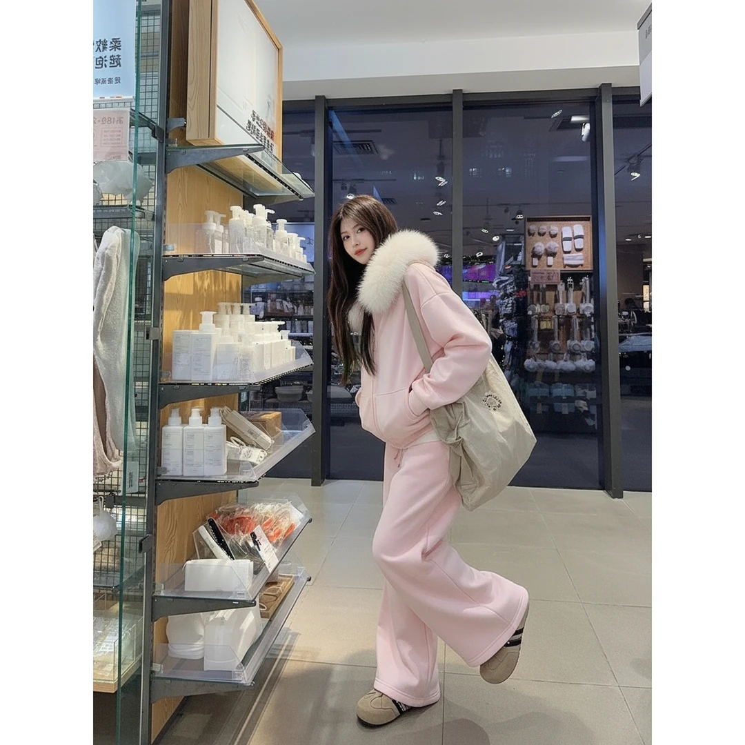 美式可拆卸毛领连帽慵懒加绒加厚卫衣外套+阔腿裤套装