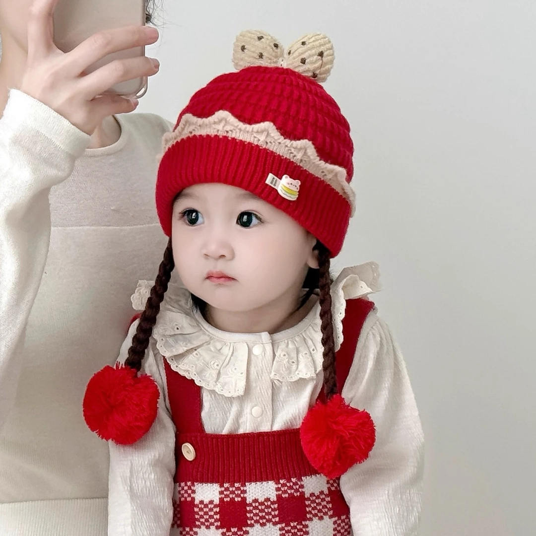 宝宝帽子秋冬季女童小辫子毛线帽洋气女宝宝假发帽保暖防寒套头帽