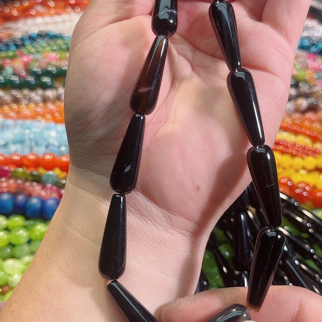 玛瑙/玉髓未镶嵌珠宝半成品黑玛瑙水滴一条10x30mm