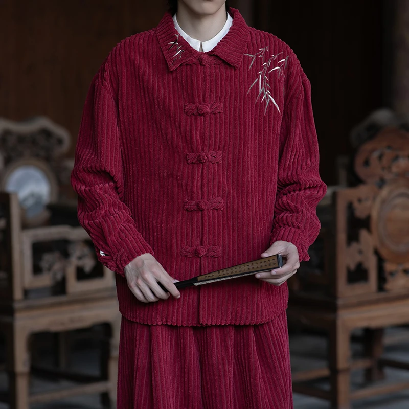 粗条绒唐装衬衫男长袖秋冬季中国风刺绣衬衣复古灯芯绒太极服外套