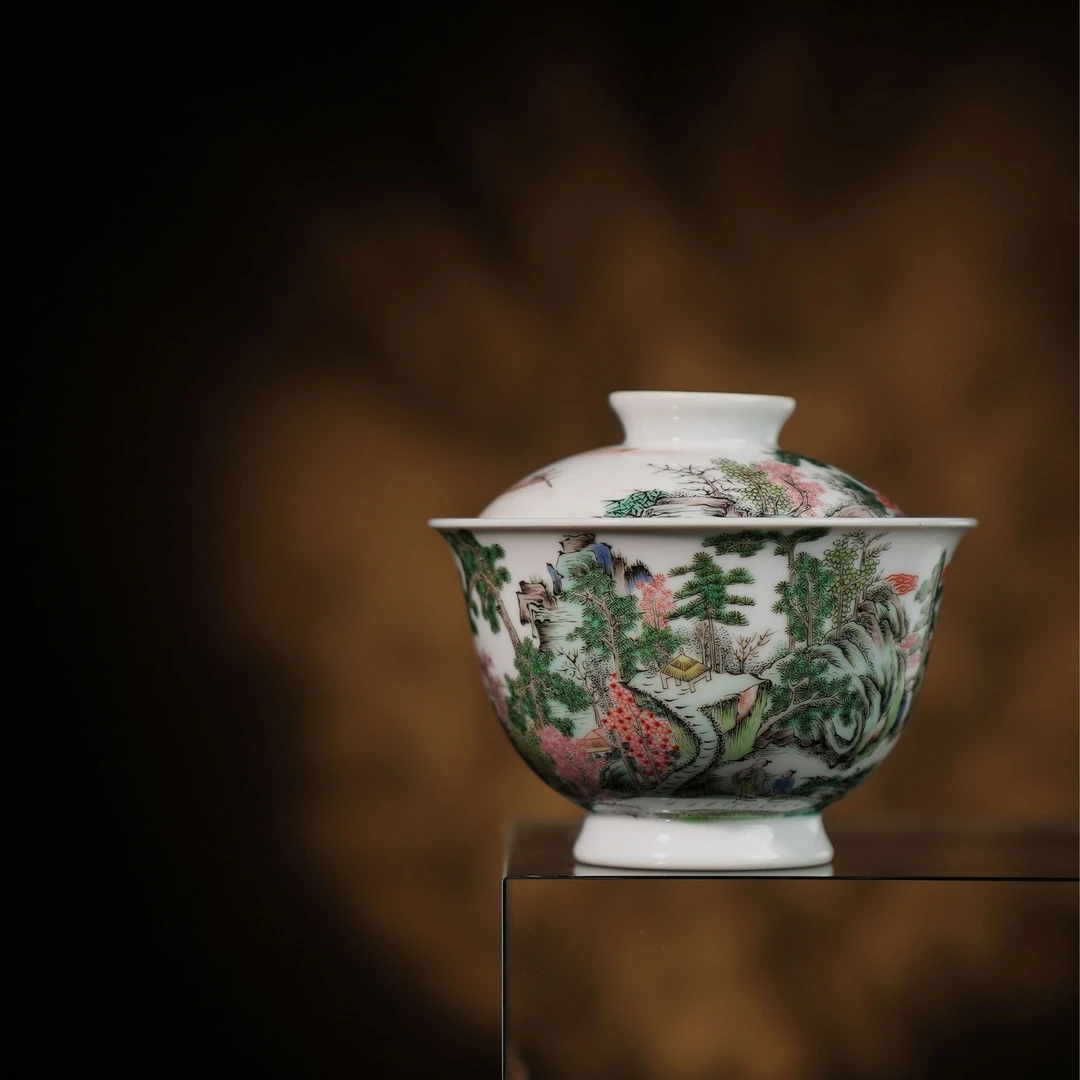 盛古珍玩五彩搜山图蛇盖碗景德镇手工手绘茶具