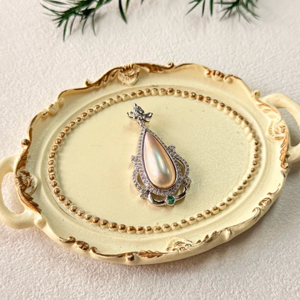 【六六中古】孤品s925海水马贝珠镶祖母绿吊坠ew2284珠子卡9.3*22