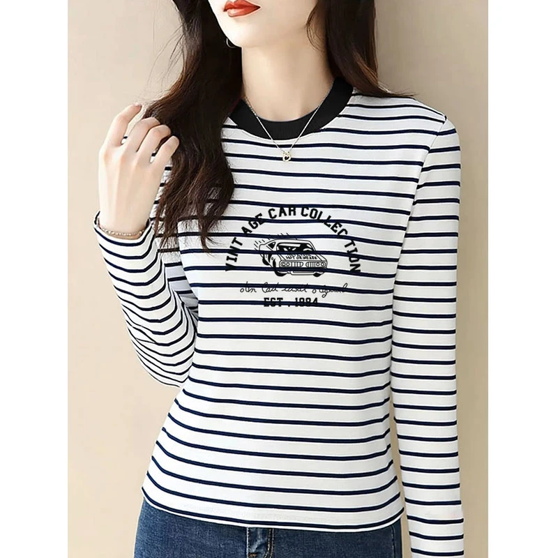 小众设计感条纹正肩爆款长袖t恤女时尚洋气圆领上衣打底衫春秋季
