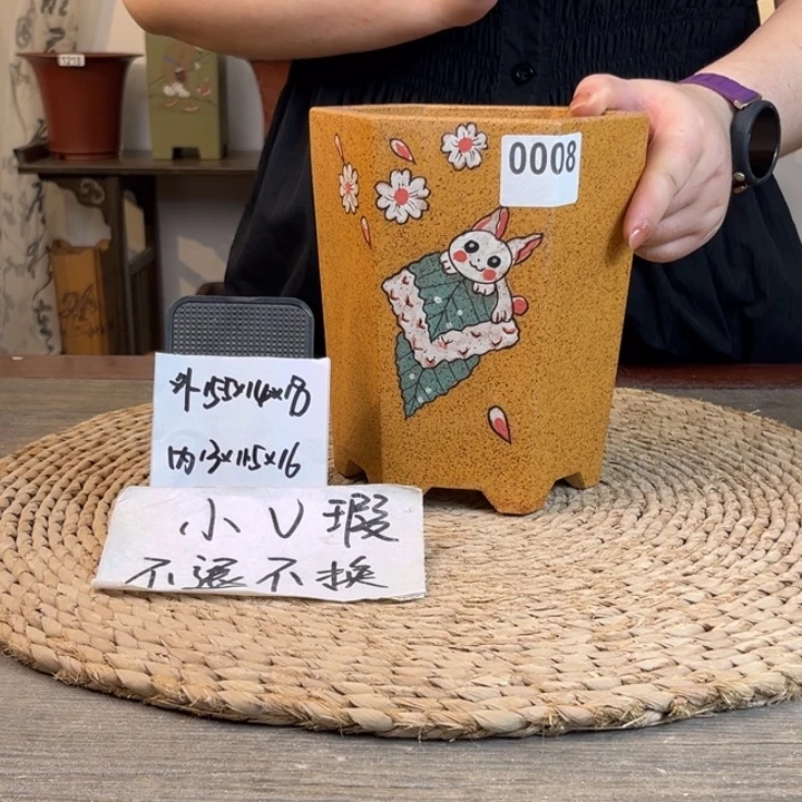 紫砂花盆 微微瑕柴烧兔兔手绘小六方0008