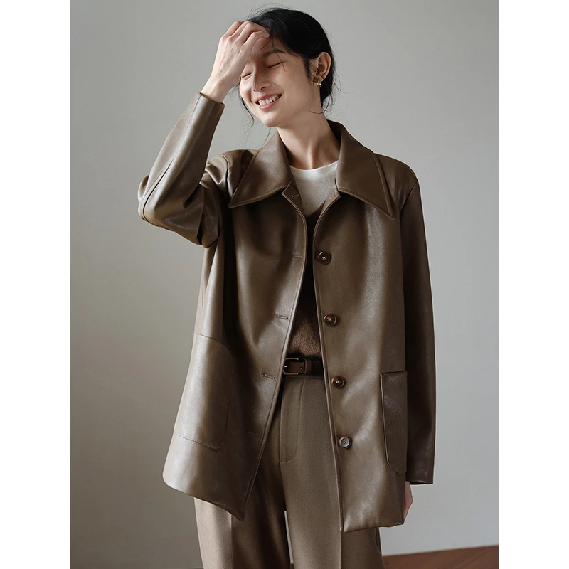 年终大促【1258】复古棕色皮衣西装外套蛋白皮PU高级感