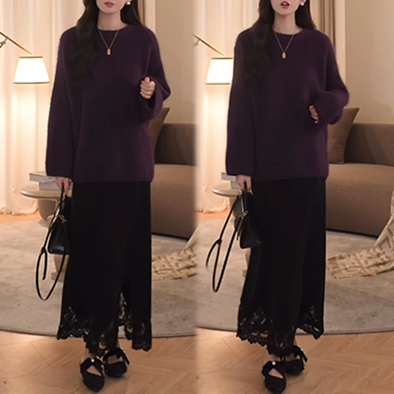 巨好看的秋冬一整套韩系温柔风气质减龄紫色针织毛衣半身裙两件套