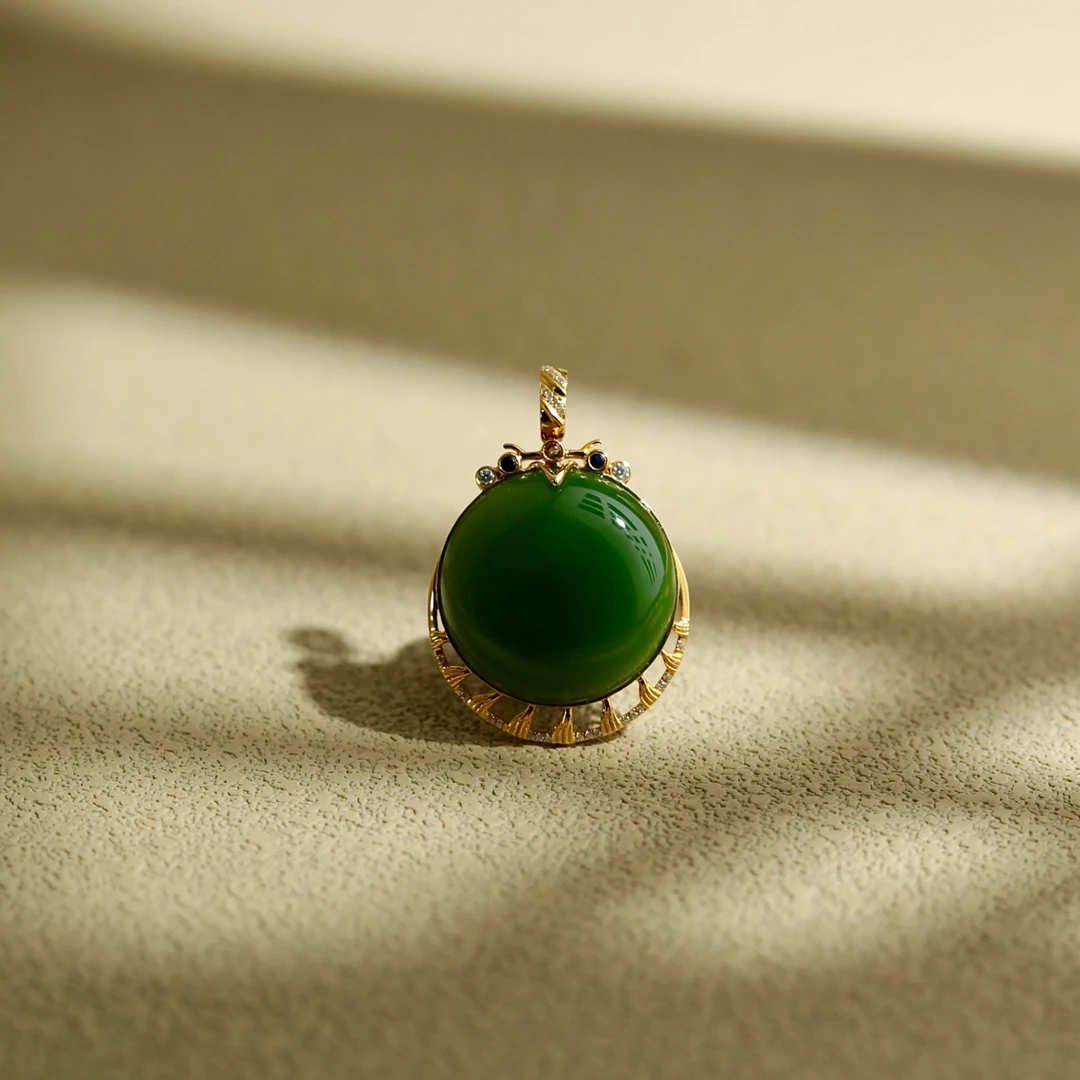 新品天然和田玉碧玉阳绿圆蛋面吊坠女款18k金镶嵌时尚简约玉挂坠