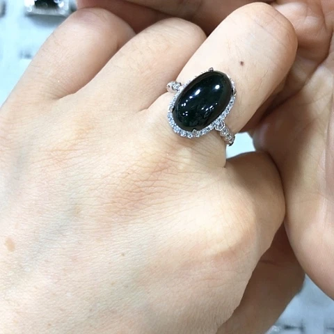 翡翠戒指银S925镶嵌汤*缅甸天然A货翡翠