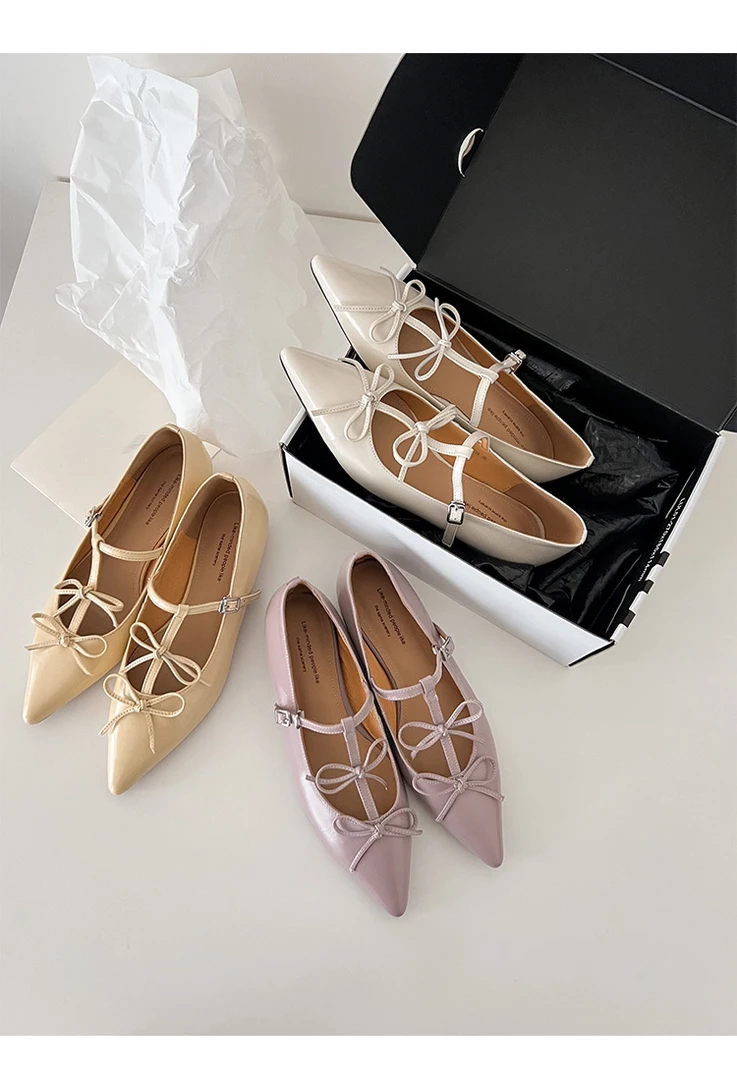 77法式内增高3.5厘米粗跟尖头单鞋高跟跟鞋浅蝴蝶结口玛丽珍鞋女