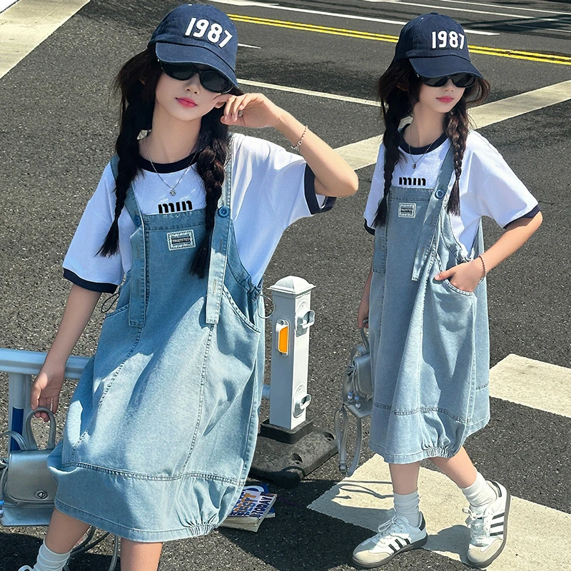 女童夏装牛仔连衣裙套装2025新款儿童夏季韩版大童背带裙薄两件套