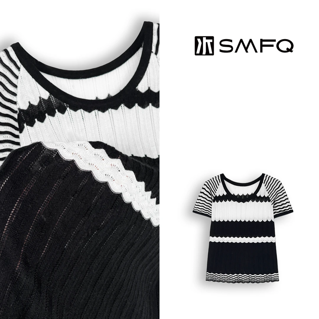 水木夫妻 “黑白琴键”莱赛尔天丝波浪纹撞色丝光针织衫短袖T恤
