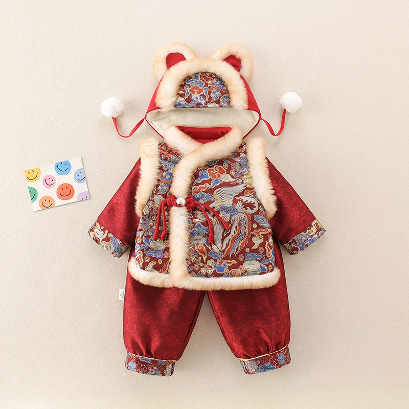 婴儿夹棉分体套装周岁男宝礼服新中式唐装国风女孩冬喜庆抓周礼服
