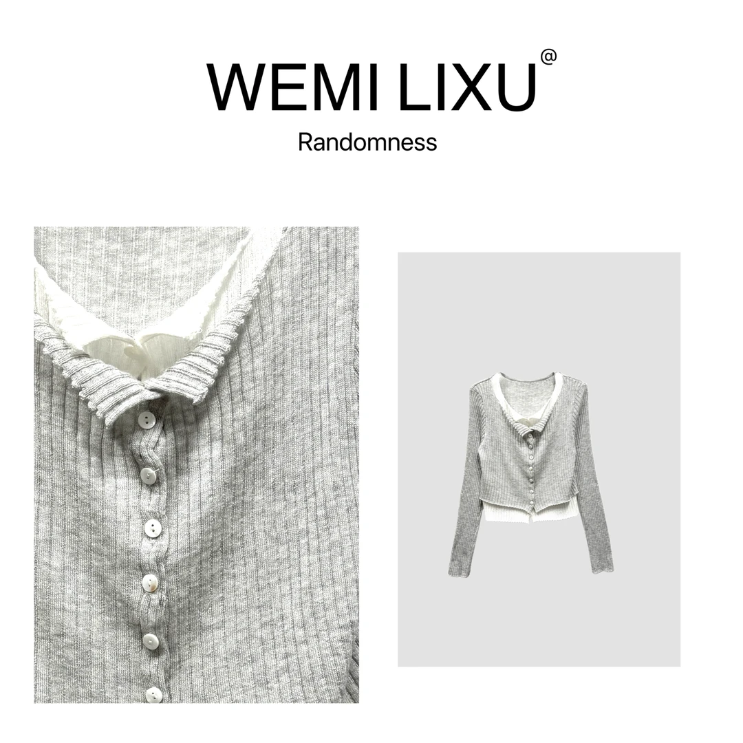 WEMI LIXU“春日私语”春夏时尚百搭拼色假两件毛针织衫修身9015