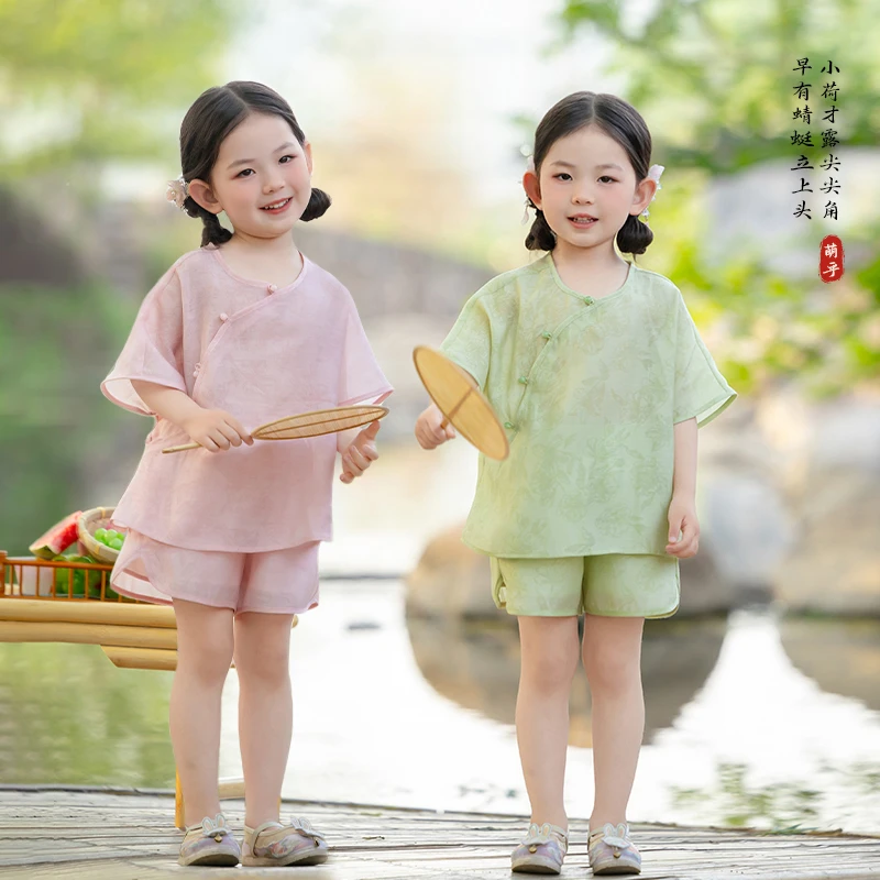 萌乎【禅夏】女童新中式短袖短裤套装2025夏国风儿童可爱-252128