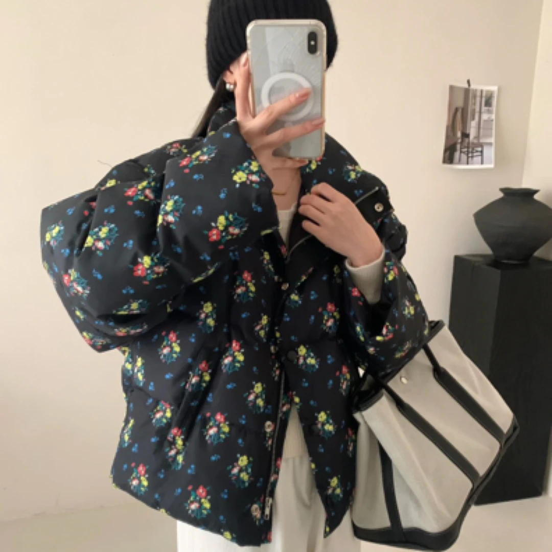 韩国小碎花宽松短款小个子冬季保暖外套