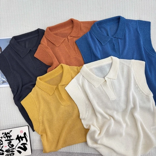 2025春夏款韩版百搭修身显瘦时尚无袖飞飞袖翻领针织上衣H8-24