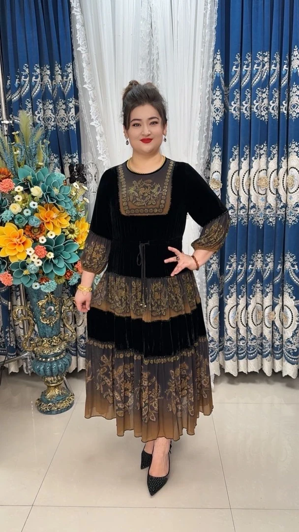 连衣裙气质显瘦时尚打底打底长袖民族风圆领百搭-FA01