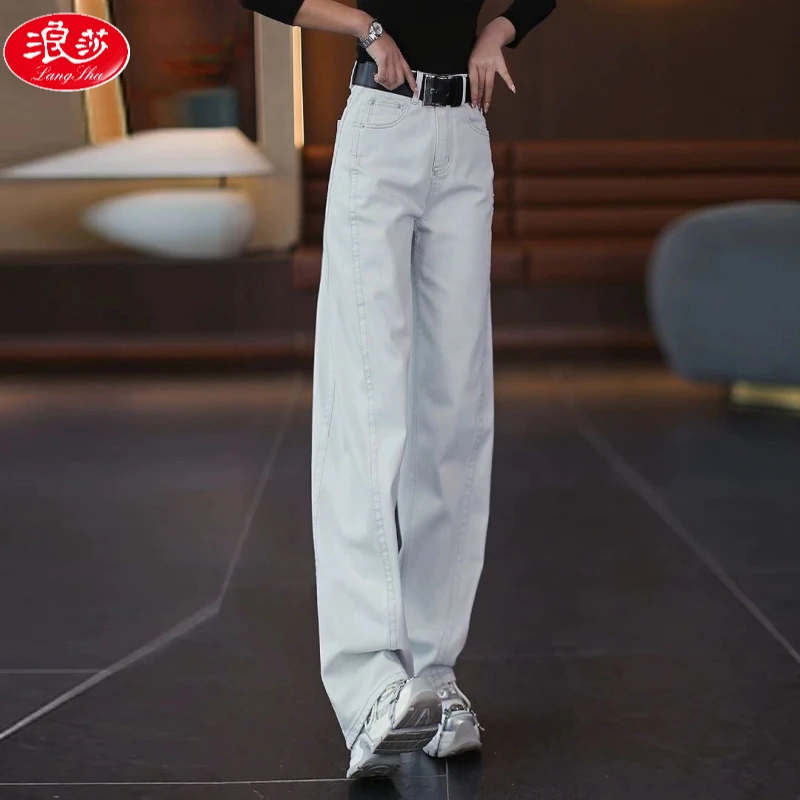 浪莎阔腿牛仔裤女春秋2025新款高腰宽松垂感休闲香蕉裤直筒弯刀裤