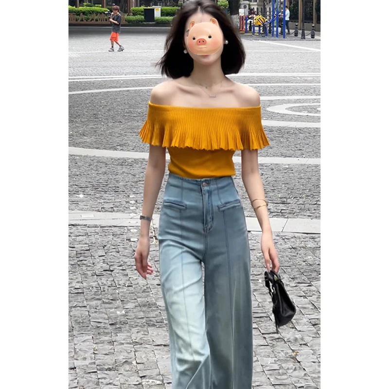 橘色一字肩荷叶边冰丝针织短袖T恤女夏季修身露肩多巴胺穿搭上衣