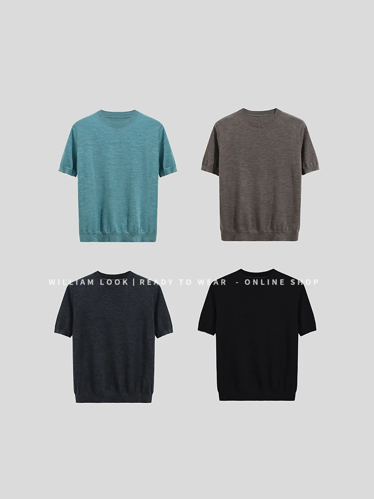 威廉威 男女同款【扬子纱针织】100羊毛撞色边线薄款针织T恤A939