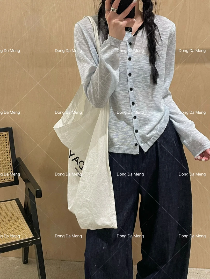 869韩系简约单排扣圆领撞色百搭宽松薄款长袖